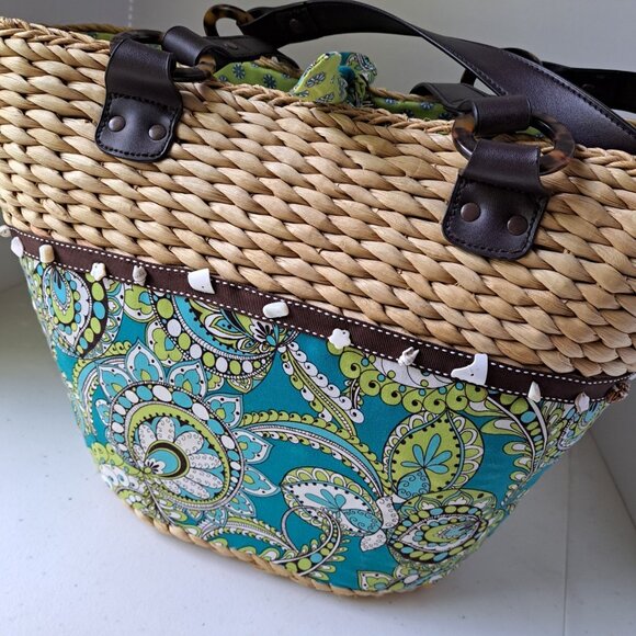 VERA BRADLEY Peacock Straw Tote Beach Pool Turquoise Green Seashells 2 Handles - Picture 10 of 15